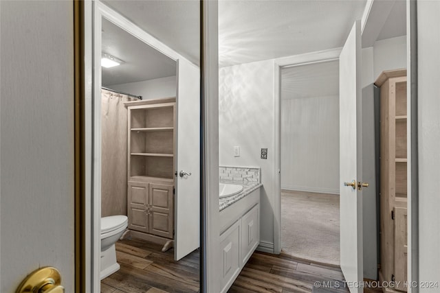 bathroom with vanity, toilet, and wood-type flooring