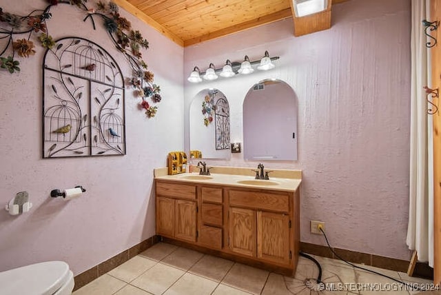 bathroom featuring tile patterned flooring, vanity, wooden ceiling, and toilet