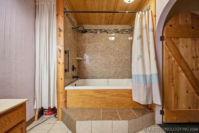 bathroom with tile patterned flooring, vanity, shower / bathtub combination with curtain, and wooden ceiling