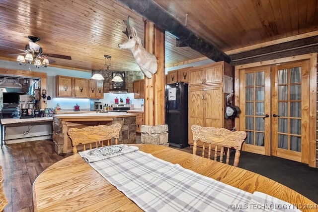 dining area with french doors, dark wood-type flooring, ceiling fan, and wooden ceiling