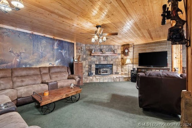 carpeted living room featuring ceiling fan and wooden ceiling