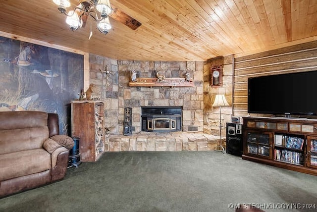 living room with carpet, a stone fireplace, and wood ceiling