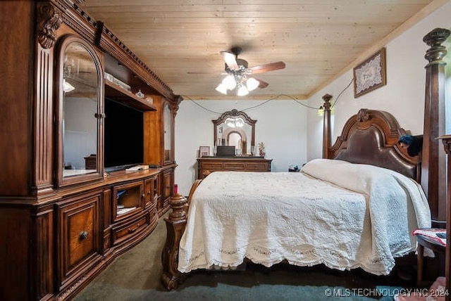 carpeted bedroom featuring ceiling fan and wooden ceiling