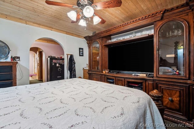 bedroom with ceiling fan and wood ceiling