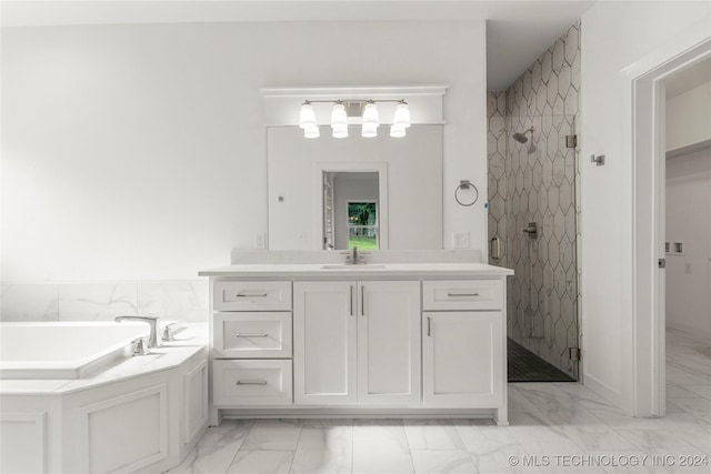 bathroom with vanity and plus walk in shower