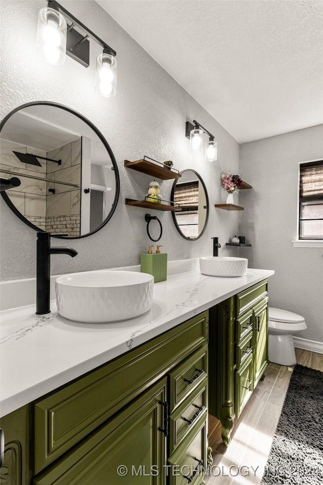 bathroom with a shower, hardwood / wood-style floors, vanity, and toilet