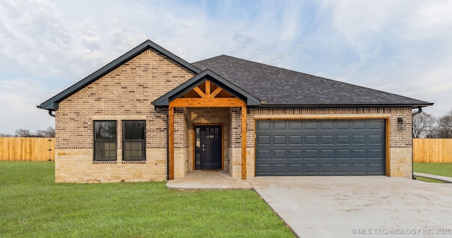 view of front of property with a garage, brick siding, fence, driveway, and roof with shingles