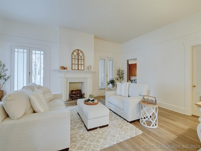 living room with light wood-type flooring and a fireplace