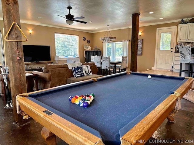 rec room featuring plenty of natural light, billiards, and ornamental molding