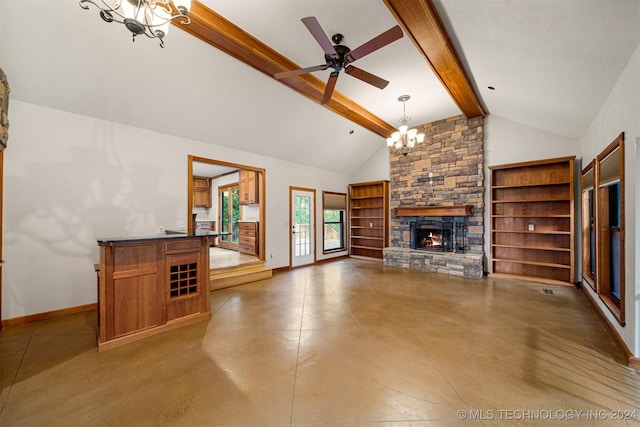 unfurnished living room featuring beam ceiling, a stone fireplace, high vaulted ceiling, and ceiling fan with notable chandelier