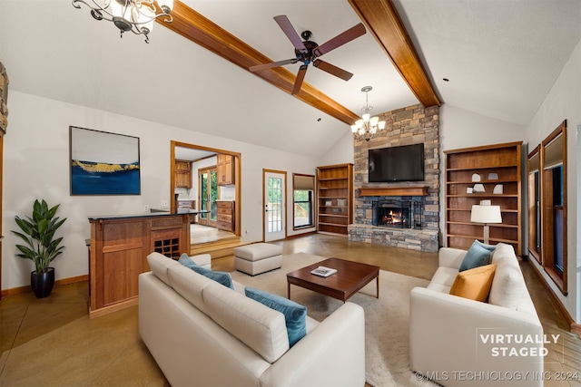 living room with a stone fireplace, beamed ceiling, high vaulted ceiling, light tile patterned flooring, and ceiling fan with notable chandelier