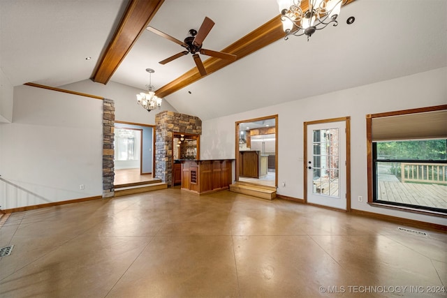 unfurnished living room with concrete flooring, lofted ceiling with beams, ceiling fan with notable chandelier, and a healthy amount of sunlight