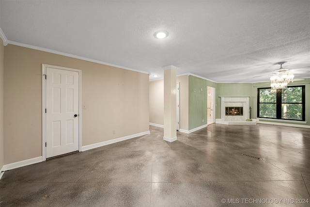 unfurnished living room with crown molding, a fireplace, ceiling fan, and a textured ceiling