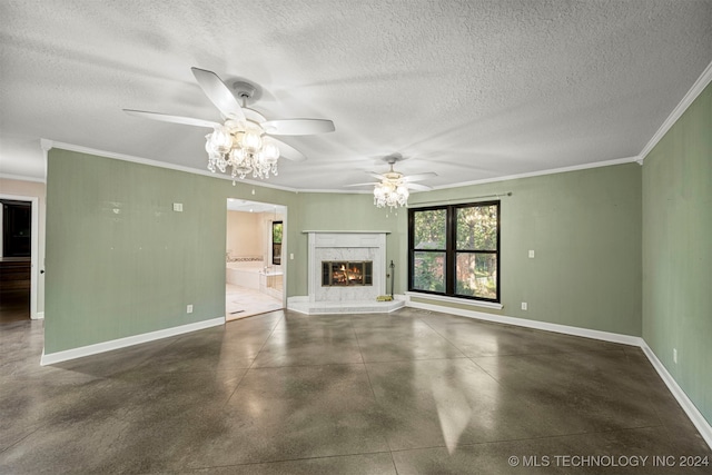 unfurnished living room with a textured ceiling, ornamental molding, and a premium fireplace