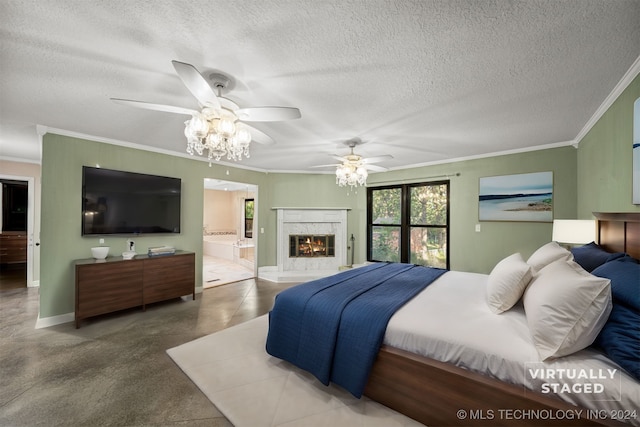 bedroom with ensuite bath, ceiling fan, ornamental molding, a textured ceiling, and a premium fireplace