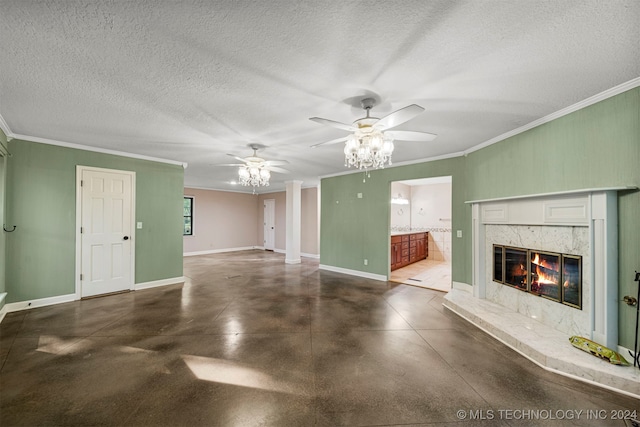 unfurnished living room with a fireplace, a textured ceiling, ceiling fan, and crown molding