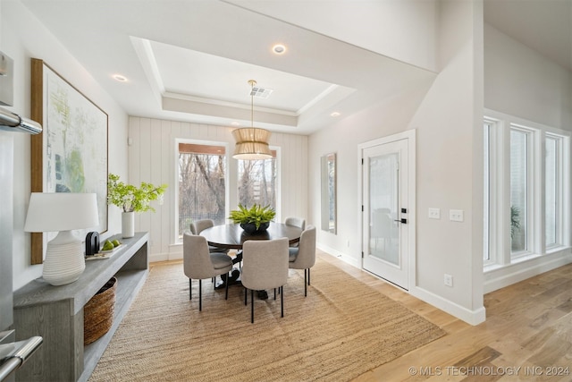 dining room featuring plenty of natural light, wood-type flooring, and a raised ceiling