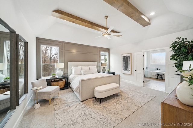 bedroom featuring ceiling fan, light carpet, and beamed ceiling