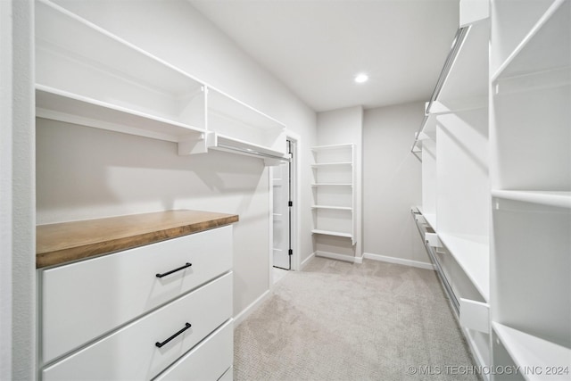 walk in closet with light colored carpet