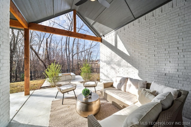 view of patio with an outdoor hangout area and ceiling fan