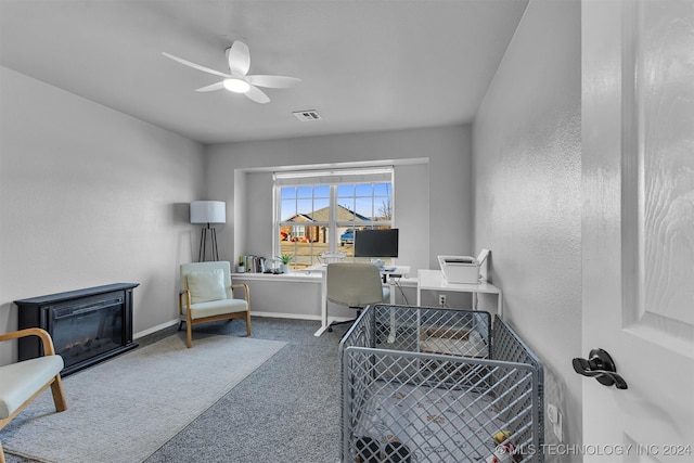 office with carpet and ceiling fan