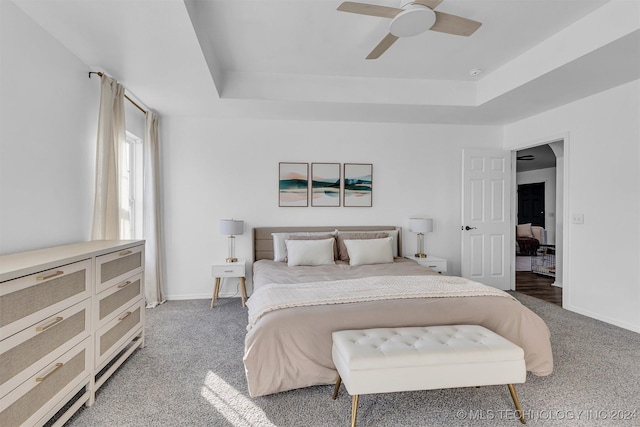 bedroom with carpet, a tray ceiling, and ceiling fan