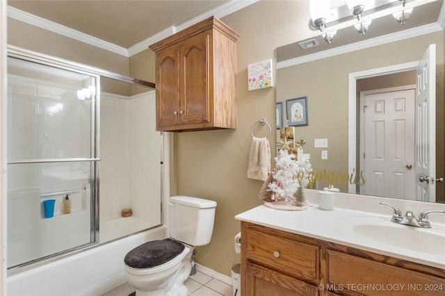 full bathroom featuring tile patterned flooring, bath / shower combo with glass door, vanity, ornamental molding, and toilet