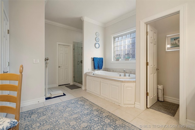 bathroom with separate shower and tub, tile patterned floors, and ornamental molding