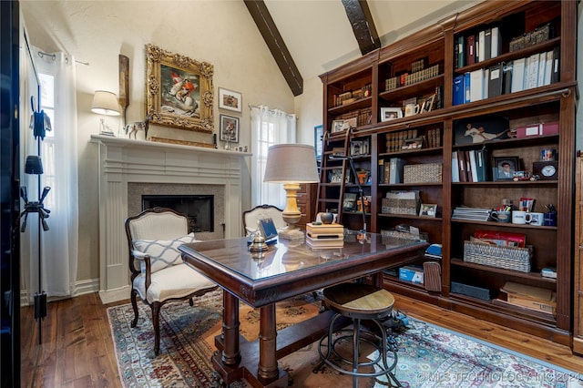 home office featuring beamed ceiling, high vaulted ceiling, and hardwood / wood-style flooring