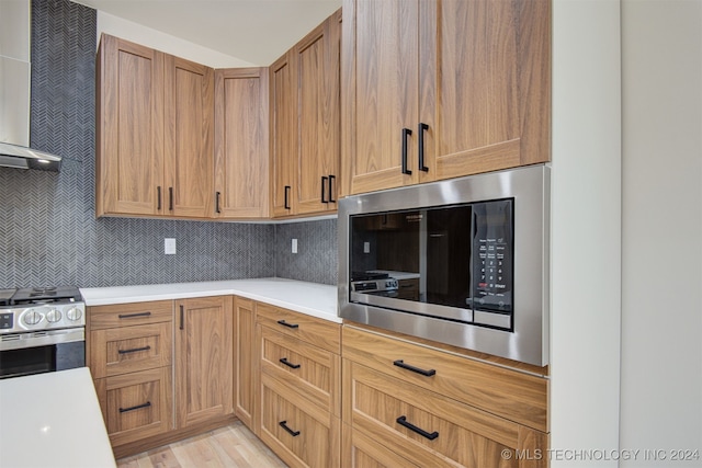 kitchen with backsplash, light hardwood / wood-style floors, and stainless steel appliances