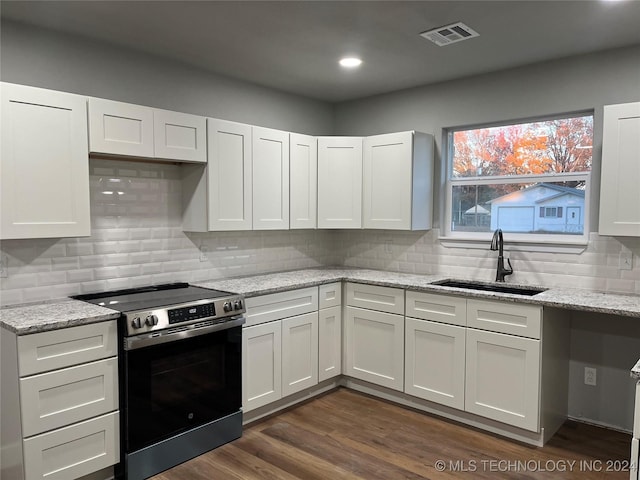 kitchen with stainless steel electric range, white cabinetry, and sink