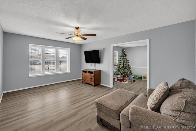 living room featuring ceiling fan, a textured ceiling, and light hardwood / wood-style floors