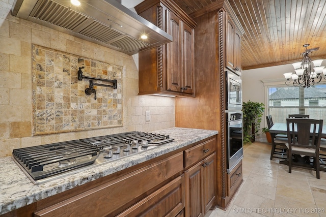 kitchen featuring custom exhaust hood, wooden ceiling, tasteful backsplash, a notable chandelier, and stainless steel appliances