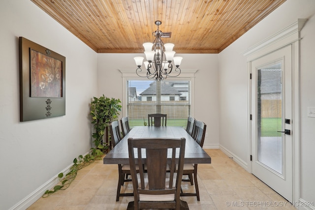 dining area featuring a chandelier, crown molding, and wooden ceiling