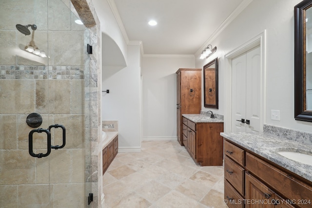 bathroom with vanity, shower with separate bathtub, and crown molding