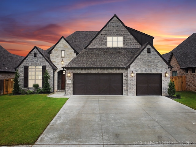 french provincial home with a garage and a yard