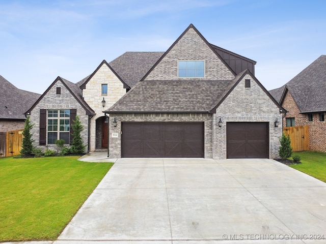 view of front facade with a front yard and a garage