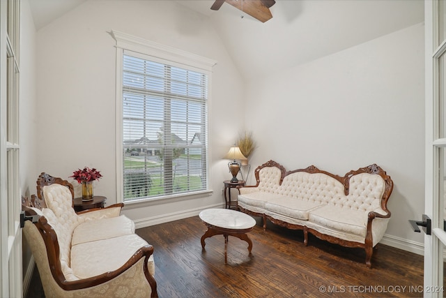 sitting room featuring plenty of natural light, dark wood-type flooring, and vaulted ceiling