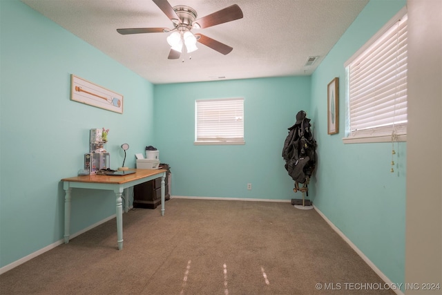 office space with a textured ceiling, light colored carpet, and ceiling fan