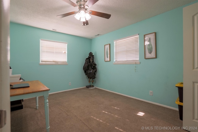 unfurnished office featuring ceiling fan, carpet floors, and a textured ceiling