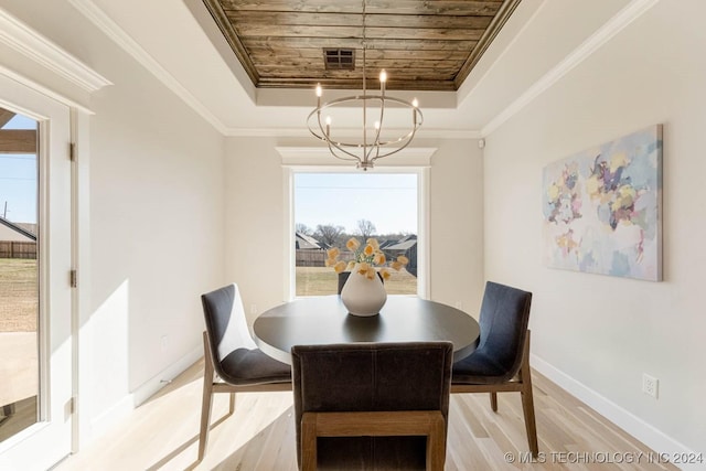 dining area featuring a raised ceiling, a wealth of natural light, and light wood-type flooring