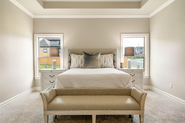 carpeted bedroom with crown molding