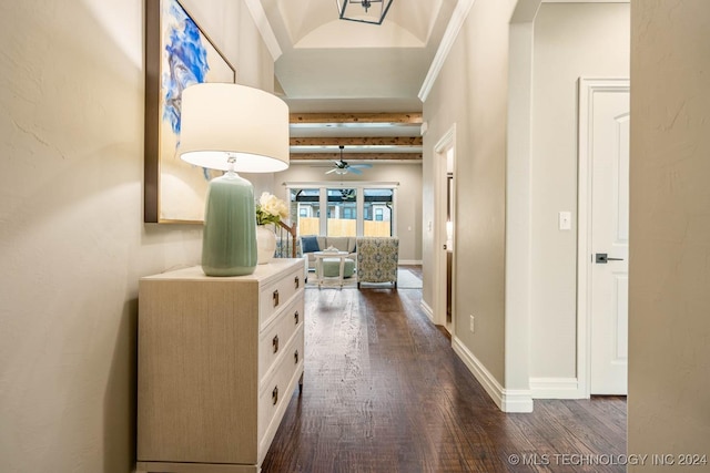 hall featuring beam ceiling and dark hardwood / wood-style floors