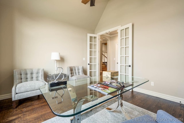 office with french doors, high vaulted ceiling, and hardwood / wood-style floors