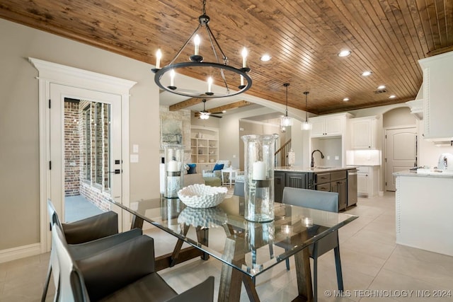 dining room featuring light tile patterned floors, wood ceiling, and ceiling fan with notable chandelier