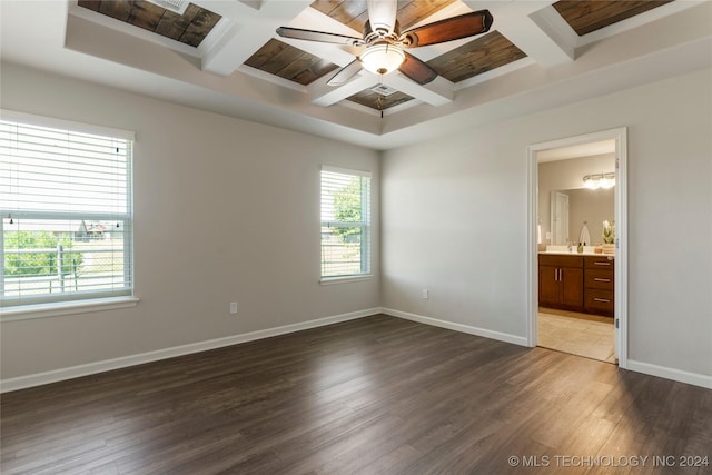 empty room featuring ceiling fan, dark hardwood / wood-style flooring, beamed ceiling, and coffered ceiling