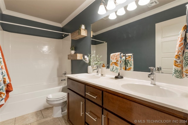 full bathroom featuring vanity,  shower combination, toilet, and ornamental molding