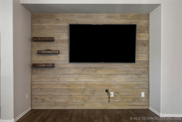 interior details featuring wooden walls and hardwood / wood-style flooring