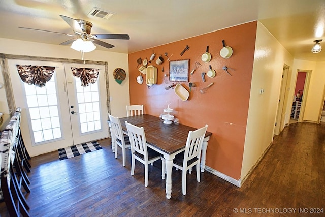 dining area with ceiling fan, dark hardwood / wood-style flooring, and french doors