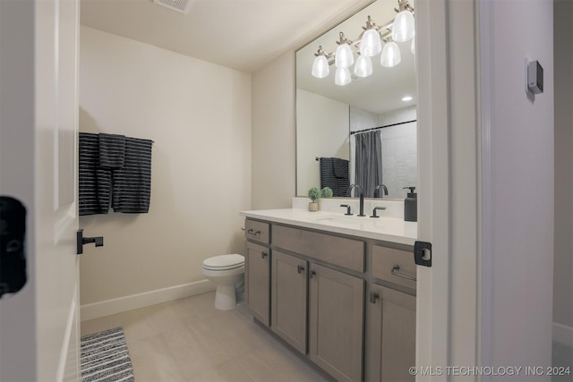 full bathroom featuring visible vents, toilet, tile patterned flooring, baseboards, and vanity